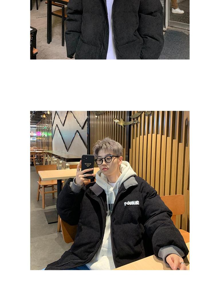 Men's Retro Corduroy Stand Collar Jacket, Autumn/Winter, Thickened with Letter Patch, Color Melange, Cotton Padded Outerwear.