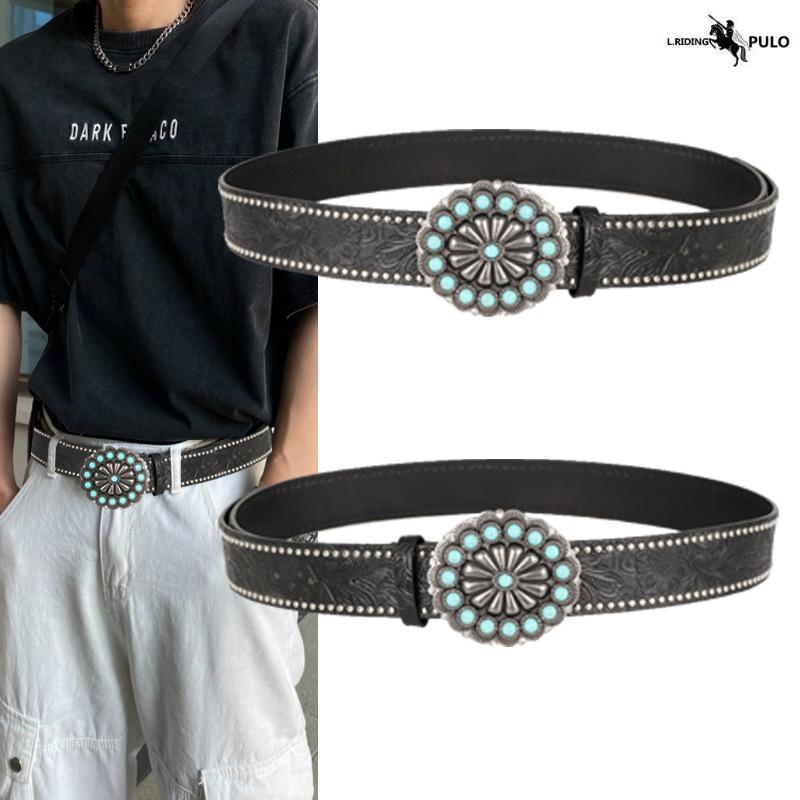 

Vintage Sapphire Inlaid Smooth Buckle Belt Embossed Men s and Women s Belt Bohemian Ethnic Belt 110cm чорний