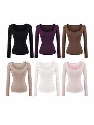 Women's Brushed U-Neck Long-Sleeve T-Shirt: Versatile Autumn/Winter Base Layer, Slim Fit Hot Girl Top.