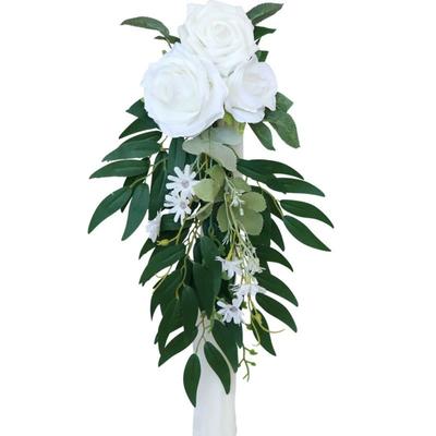 1 buc. Decorațiuni pentru culoarul nunții pentru ceremonia de nuntă, flori pentru bănci pentru decor scaune biserică, decor de petrecere cu flori artificiale, eucalipt, panglici, alb