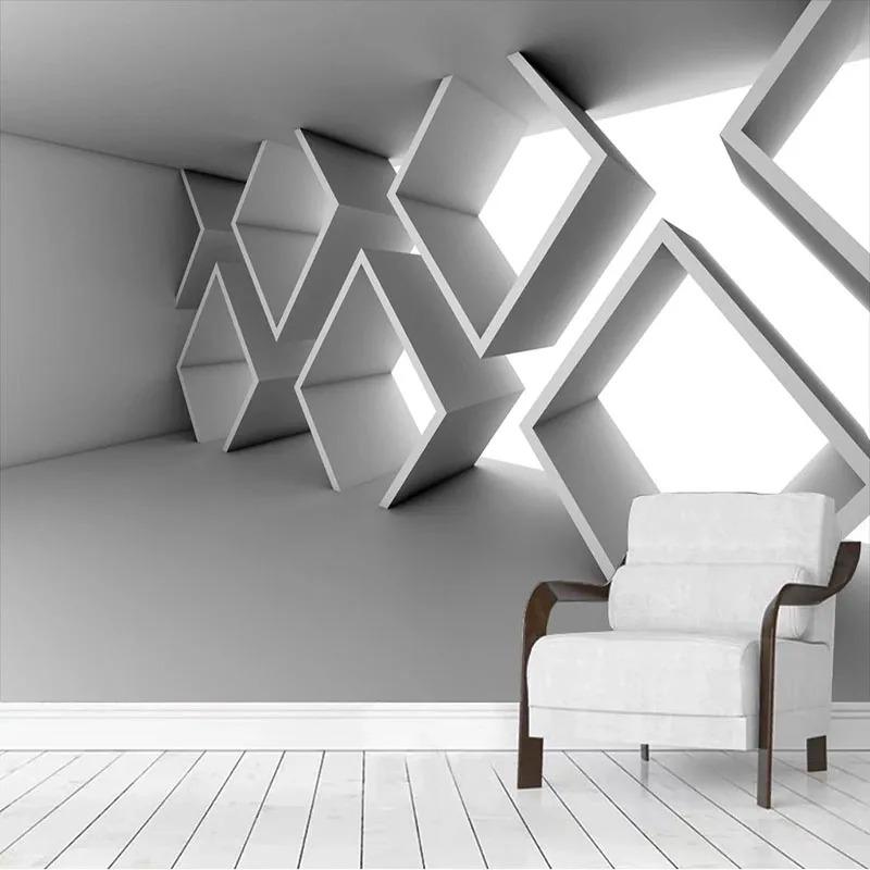 Carta da parati 3D astratta con muro di cemento, edifici geometrici, espansione dello spazio, camera da letto, divano