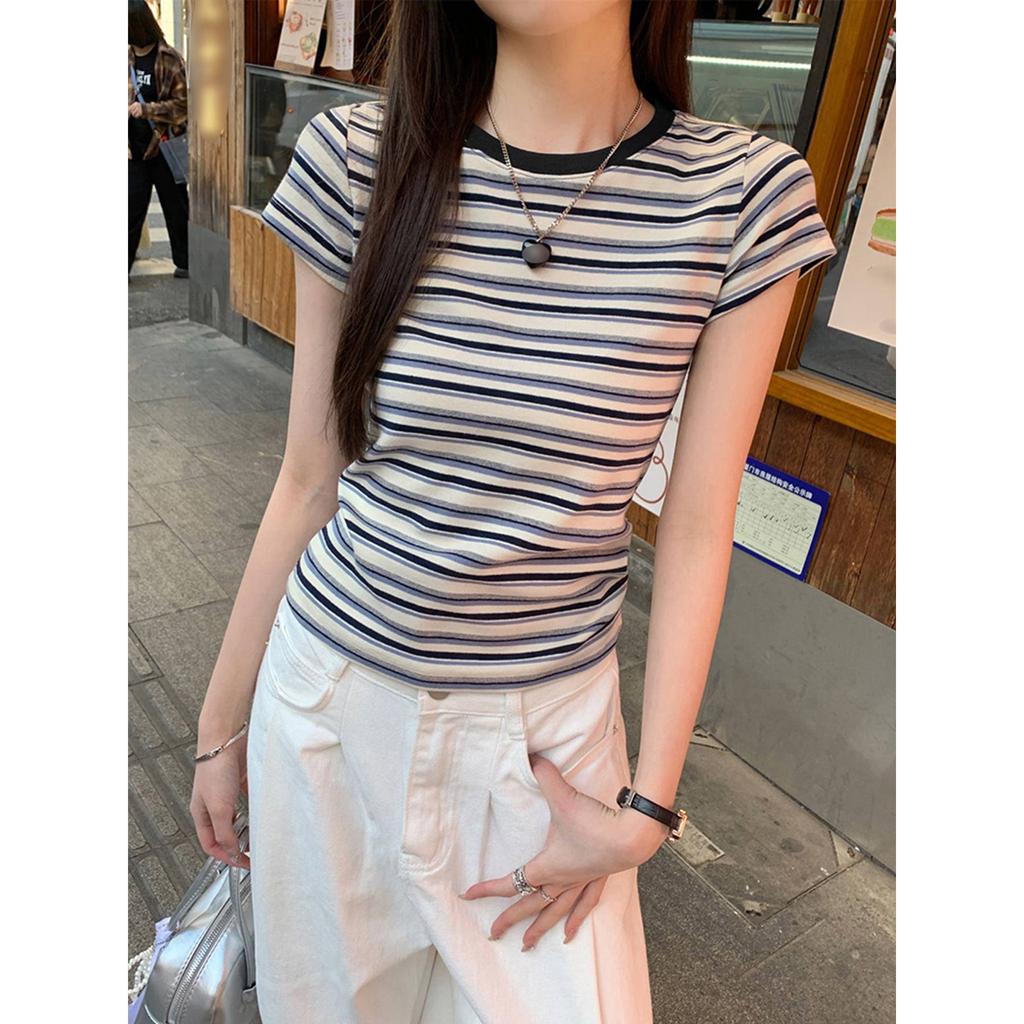 American retro chic striped T-shirt women's summer contrasting colors spring and autumn inner fit slim bottom top front shoulder short sleeves