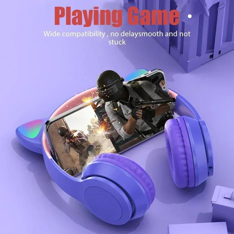 P47M Cat Ear Gaming Headset Wireless Headphones Stereo Bass Bluetooth-Compatible Helmets Cute Over-Ear Headsets