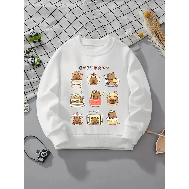 Crewneck Sweatshirt for Girls Featuring an Adorable Capybara Food Design, Suitable for Machine Washing