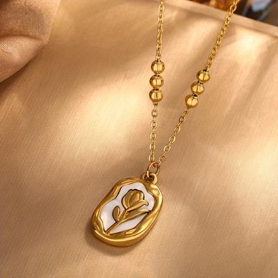 Stainless Steel Pendant Necklace Featuring a Geometric Design with a Vintage French Rose Pattern, Suitable for Women'S Everyday Wear