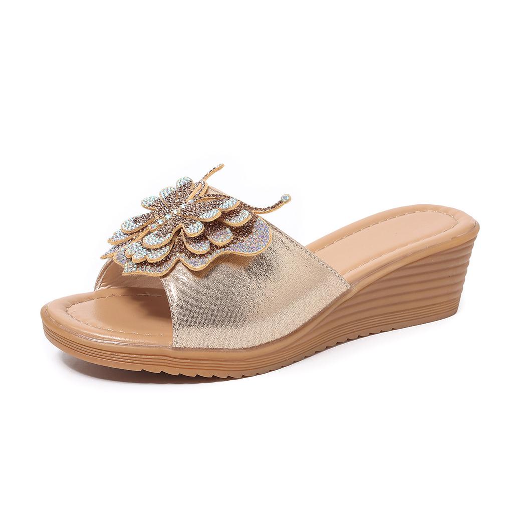 Fashion Fashion Thick-soled Slippers for Women's Summer Camping Bow-shaped Rhinestone Open-toe Beach Slippers Women's Slope Heel Slipper