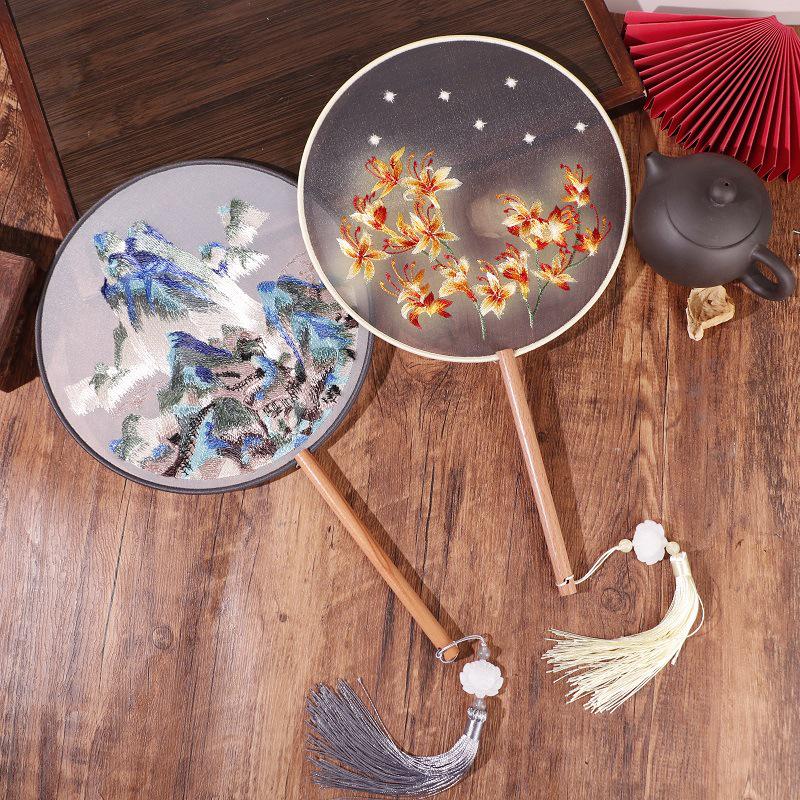 Chinese Double-Sided Embroidered Round Fan for Hanfu or Qipao Dance Performances