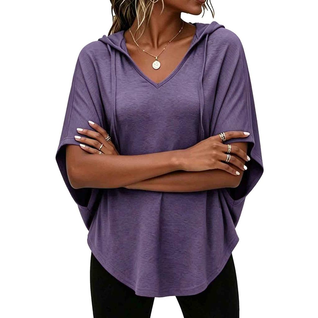 Women's Casual Loose-Fit Hooded V-Neck T-Shirt with Dolman Sleeves