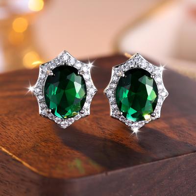 Fashion Green Oval Cut Cubic Zirconia Stud Earrings For Women Shiny Bridal Wedding Earrings Jewelry Gift Anniversary Party