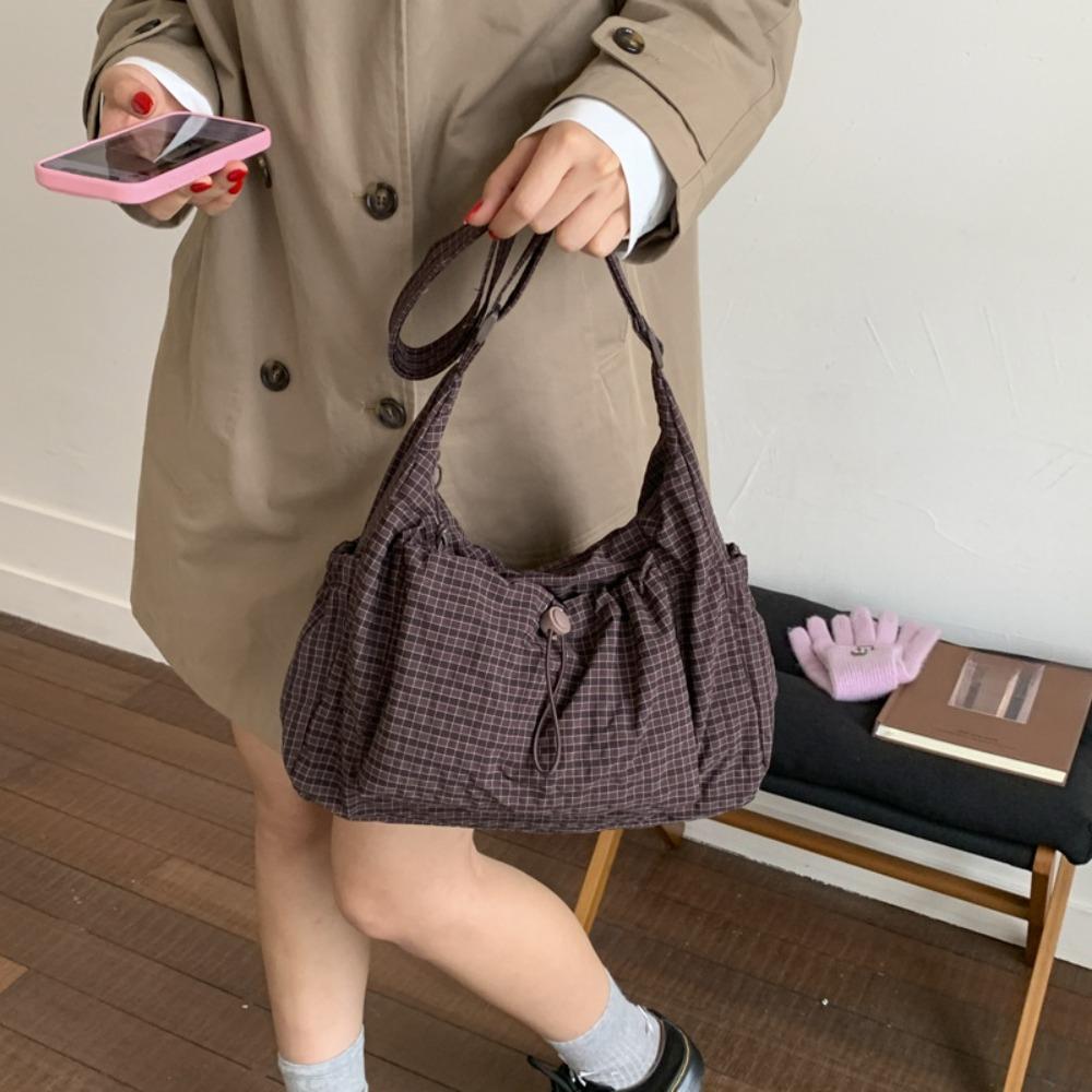 Składana torebka damska z regulowanym paskiem crossbody/na ramię i plisowanym designem z wieloma kieszeniami - Szkolna torba na książki w kratkę i paski