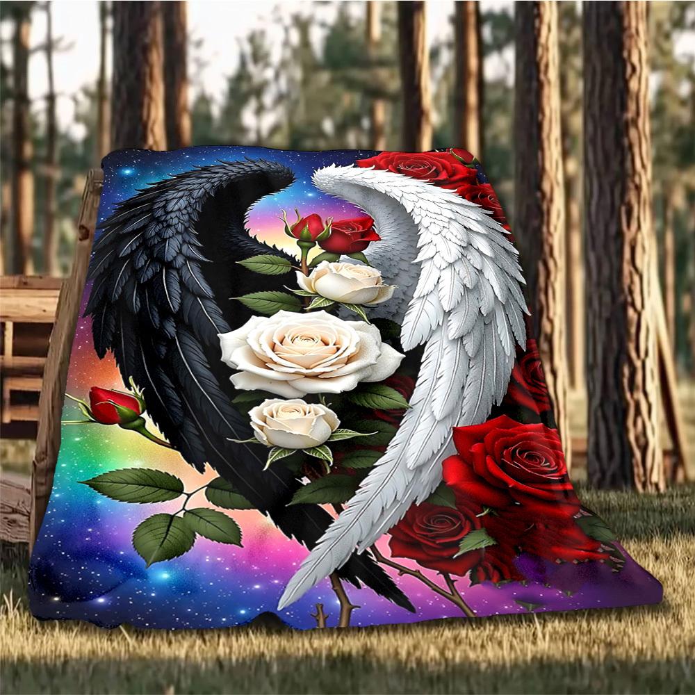 1pc Angel Wings Roses Throw Blanket Polyester Fiber, Lightweight Flannel, Soft & Warm, All Season Use for Outdoor, Camping