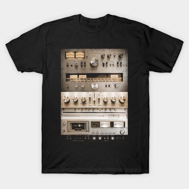 

Men Black Print T-shirt Setup Vintage Audio Hifi Sound System Mixed Media Collage No-Cut Transfer Paper Print Cotton Tshirt L чорний
