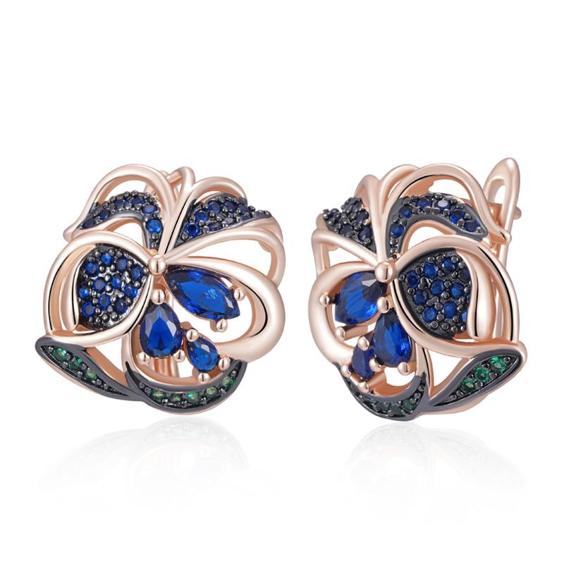 

Shiny Blue Natural Zircon Flowers Drop Earrings For Women Rose Gold And Black Plating Vintage Daily Fine Jewelry