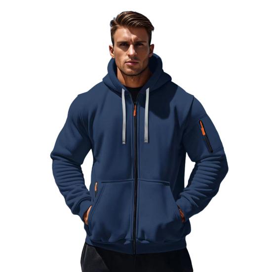 Men Coat Long Sleeve Zipper Closure Hooded Sweatshirt with Large Pockets Solid Color Velvet Thickened Warm Outerwear