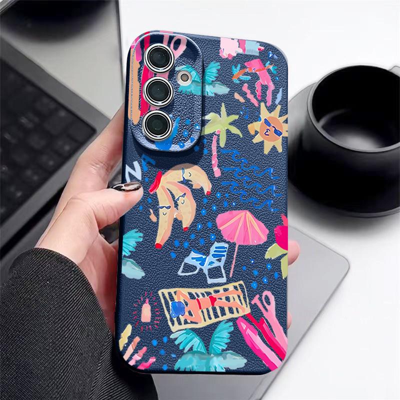 Cartoon Vacation Painting Case For Samsung Galaxy S26 Ultra S25 Edge S24 S23 S22 Plus S21 FE Leather Texture Silicone Cover