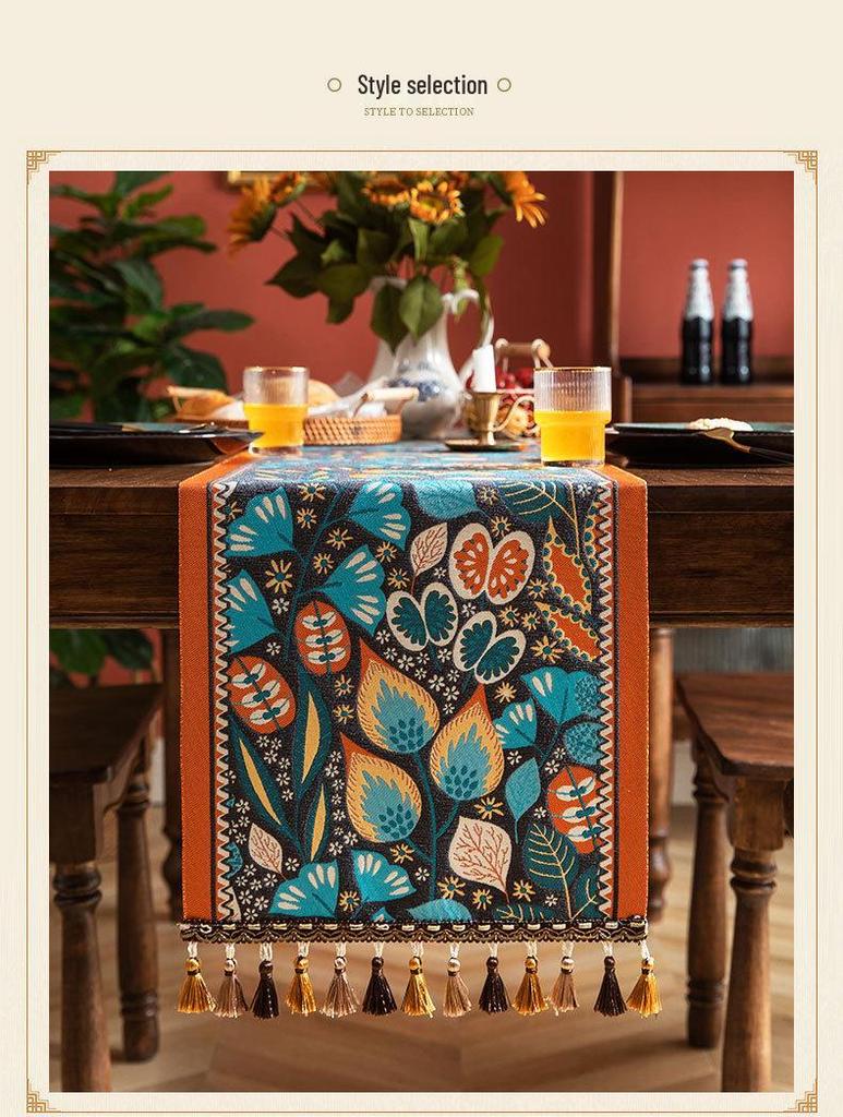 Retro Paisley Jacquard Table Runner with Tassels - Ethnic Style Polyester Decor