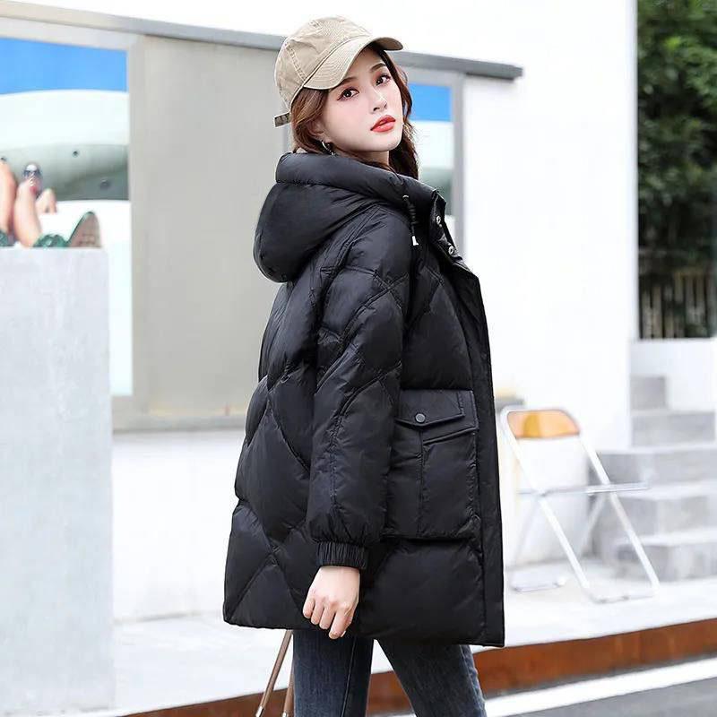 Women's Winter Thickened Plus Size Warm Jacket Loose Large Pocket Hooded Diamond Check Warm