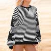 Women's Fashion Striped Star Print Round Neck Long Sleeved Pullover Color Blocked Pullover Sweatshirt Top