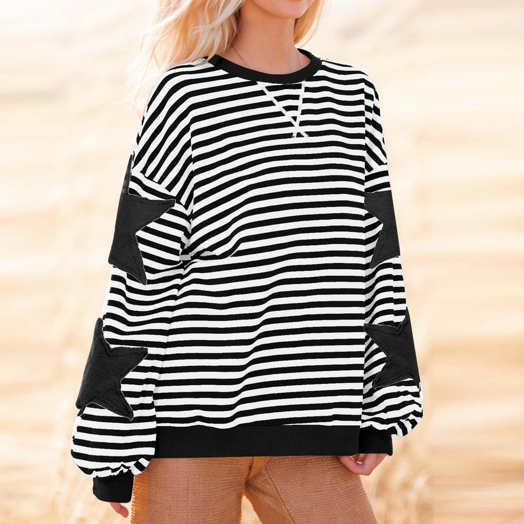 Women's Fashion Striped Star Print Round Neck Long Sleeved Pullover Color Blocked Pullover Sweatshirt Top