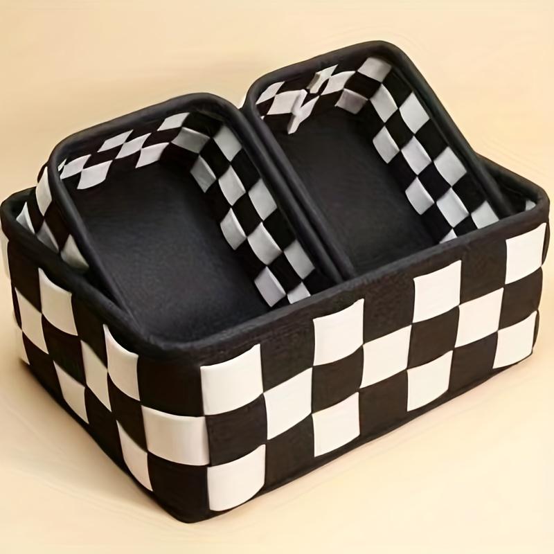 Black White Checkered Storage Bins, 3-Piece Woven Organizer Set for Home, Kitchen, Bathroom.