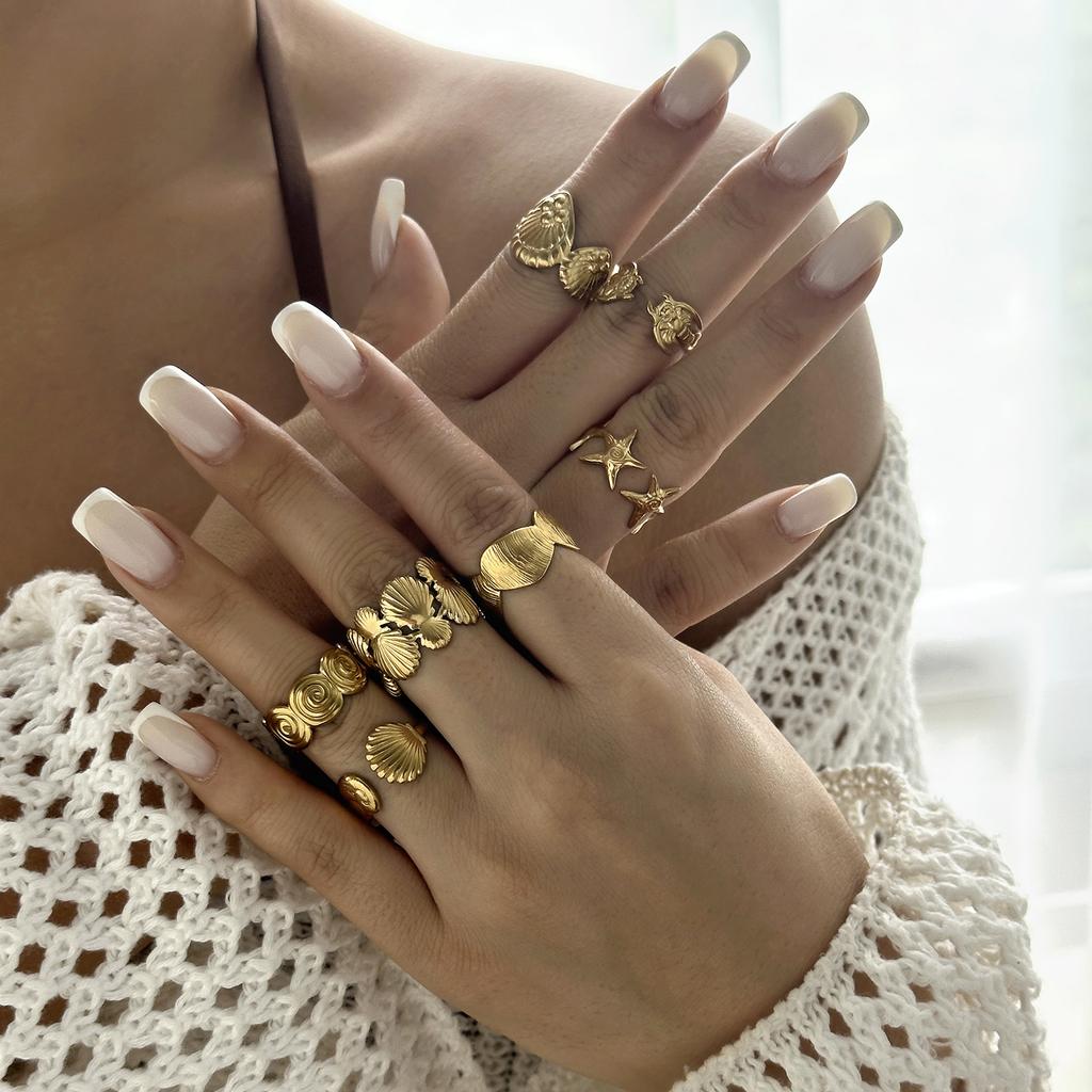 European and American Fashion Shell Starfish Open Rings For Women Gold Color Stainless Steel Adjustable Ring Party Jewelry Gift