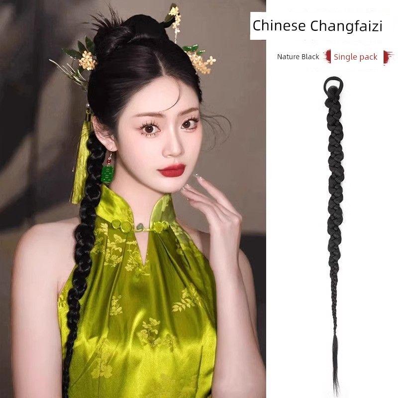 

Han Dynasty False Braids Women s Cable Stitch Long Braid Miao S Hani Headdress Tibetan Style Dreadlocks Ponytail Colorful Ropes Wool Double Ponytail Pattern braid [Nature Black] -60cm