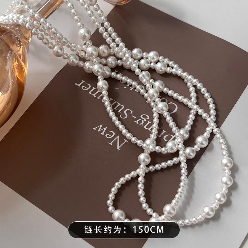 Dongdaemun Pearl Geometric Long Necklace French Retro Temperament Sweater Chain Niche Design Sense Necklace Wholesale Women