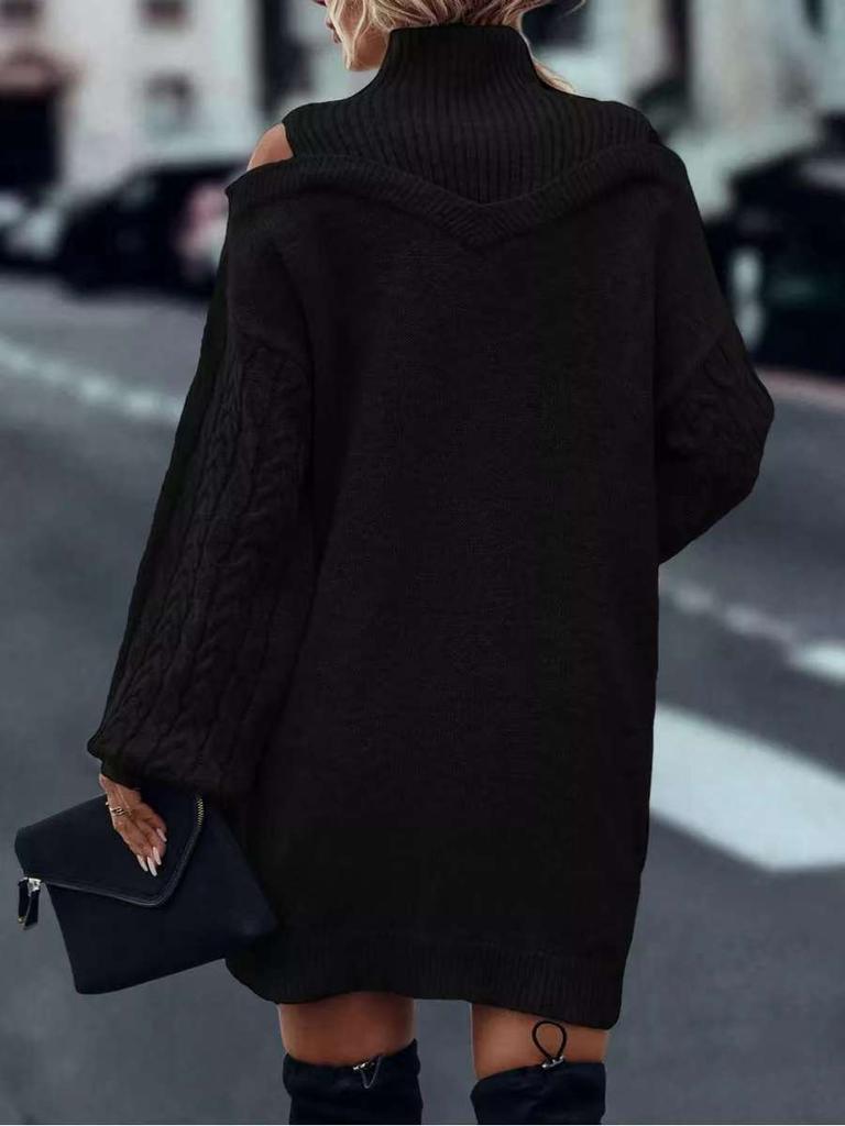Open-shoulder Loose Semi-turtleneck Sweater with Lantern Sleeves