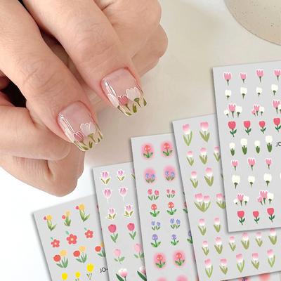 6pcs 3D Elegant Tulip Flower Nail Art Stickers Peach Pink Floral Sliders Adhesive For Nail Decals Manicure Nail Decal Decoration