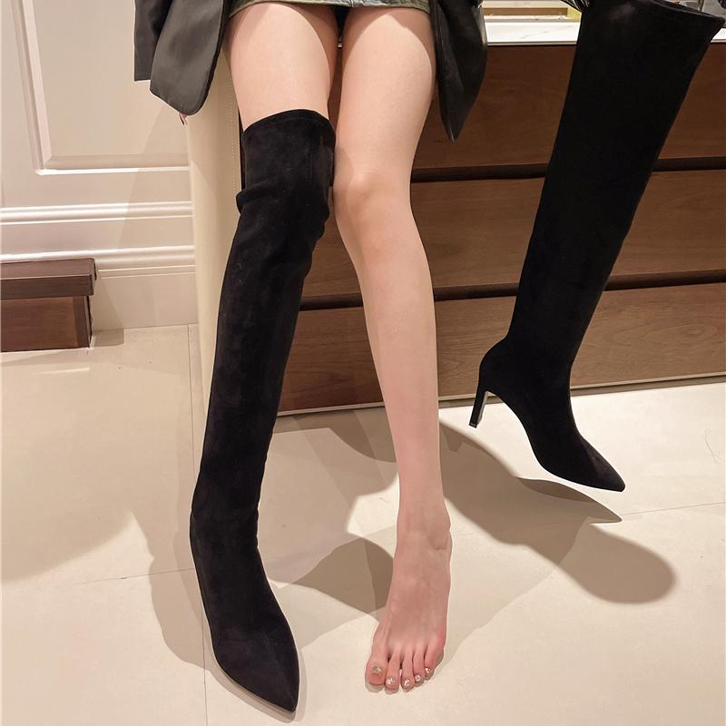 New Women's Over-the-knee Boots Pointed Tip Keep Warm Retro Breathable Knee High Boots Suede Velvet Lining High Heels