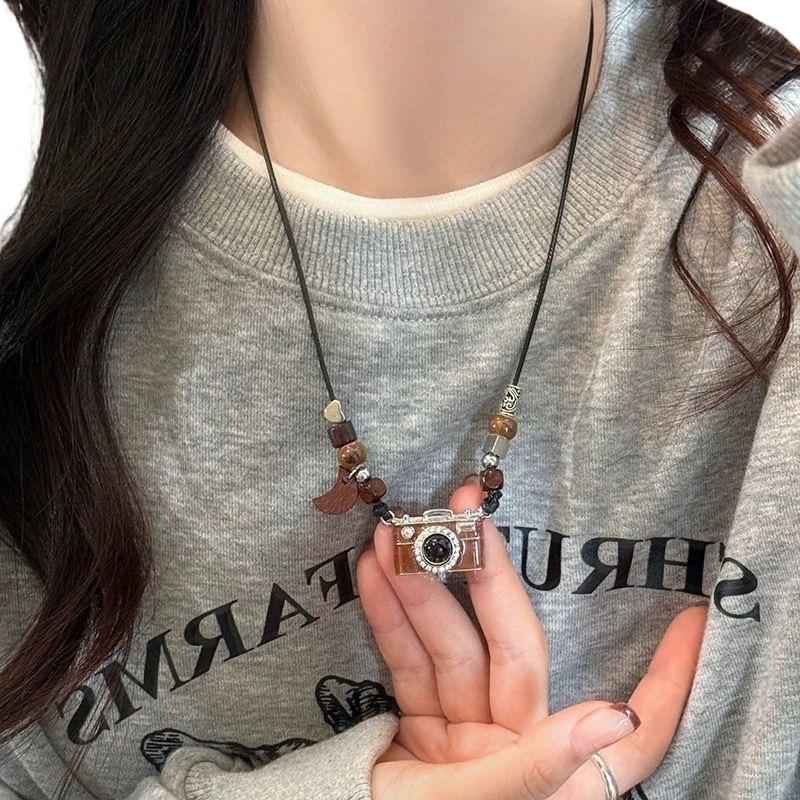 Kpop Hip-Hop Schlichte Persönlichkeit Vintage Braun Kamera Anhänger Halskette Damen Herren Punk Y2K Charms Schmuck Zubehör