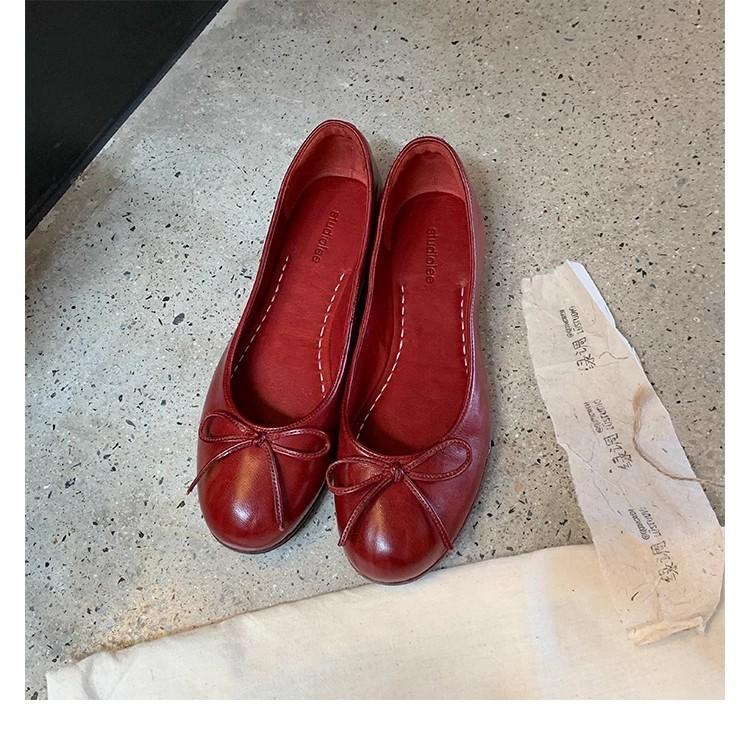 Grape Mother Of The Same Style, Oil Wax Horse Leather Ballet Shoes, Bow, Shallow Mouth, Not Tired Feet, Flat-Soled Single Shoes Women'S Egg Roll Shoes
