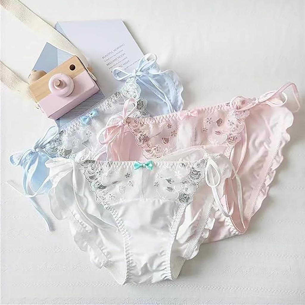 Lolita House Satin Size Milky Thick String Sexy Lace Cute Triangle Barely Sexy Cute Set of 3 Panties, M, White, Panties, Underwear, Women's Panties,