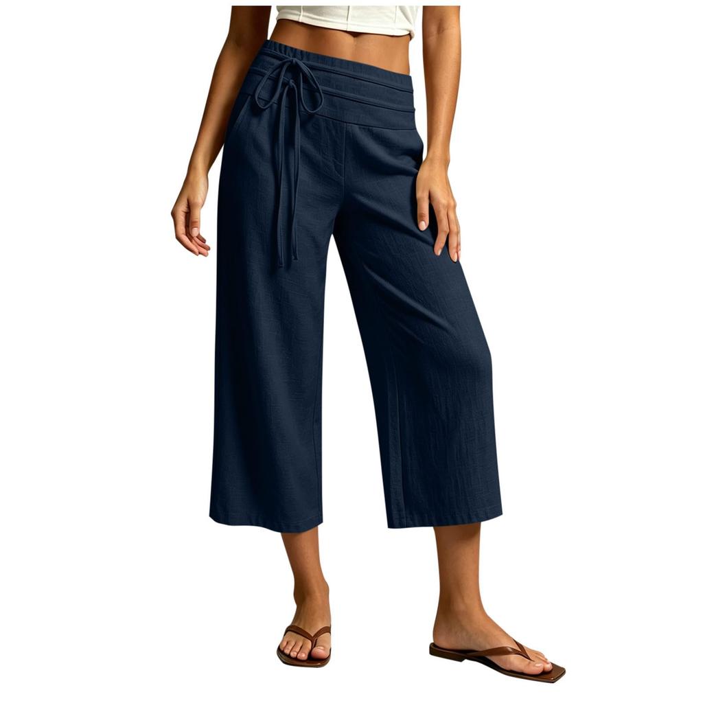 Women Casual Wide Leg Cropped Pants Elastic Waistband Drawstring Loose Fit Capri Trousers Lightweight Breathable Fabric