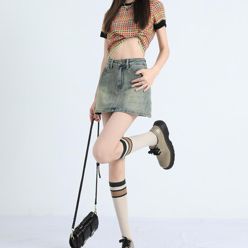 Fusta scurtă de denim retro Fusta scurtă de slăbire cu talie înaltă de vară pentru femei, Fusta înfășurată în șold cu linie A anti-orbire