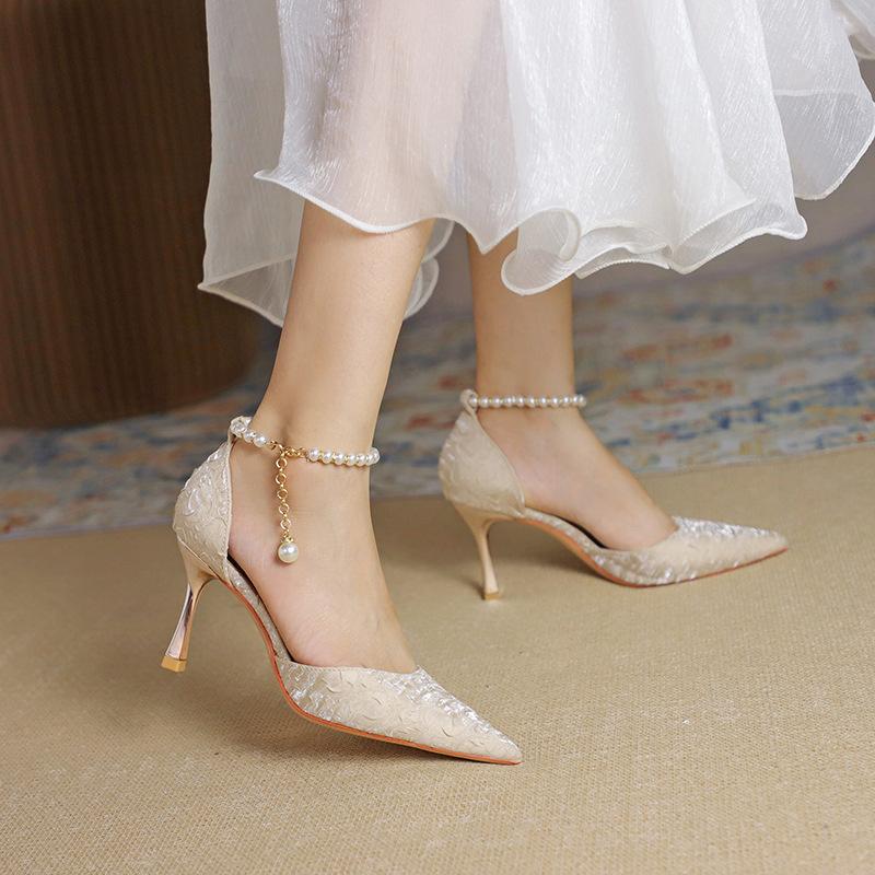Size31-44 High Quality Women's Pumps Luxury Beaded Stiletto Bridal Wedding Shoes Fashion Single Shoe Banquet Dress Women Sandals