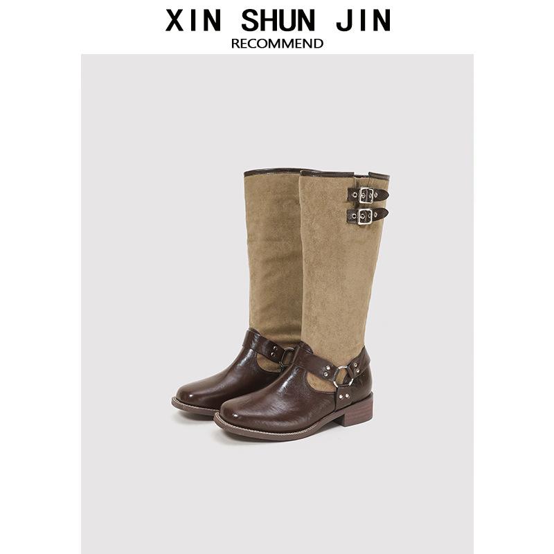 Cowhide version~ retro pleated platform locomotive knight boots for women's 2025 new autumn and winter tall boots over the knee