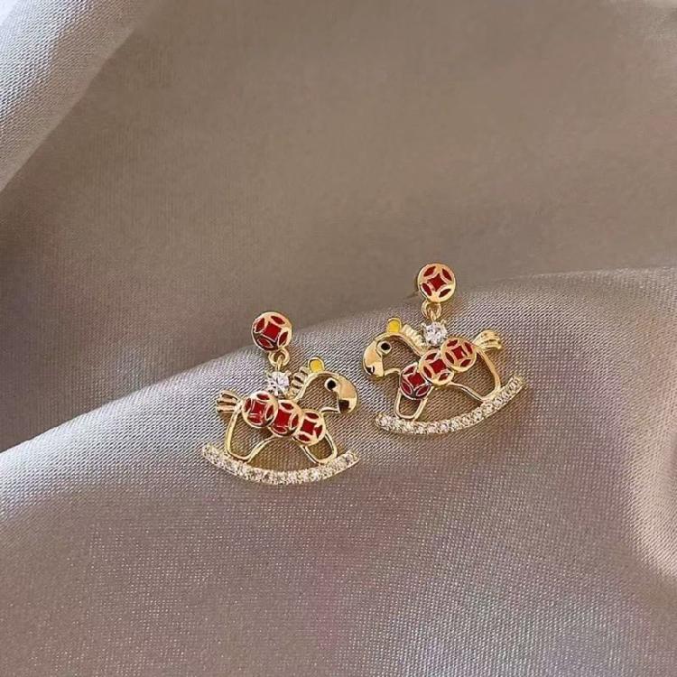 Unique Horse Theme Ear Studs Gold Finish and Stones Adorned for Parties Formal Event Elegant