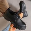 Fashion Block Heel Platform Single Shoes Autumn New Round Toe Front Lace-up Soft Leather Soft Sole Non-slip Low Top Shoes