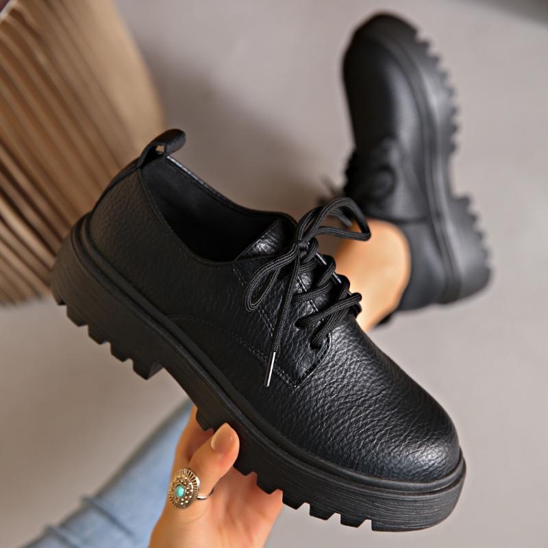 Fashion Block Heel Platform Single Shoes Autumn New Round Toe Front Lace-up Soft Leather Soft Sole Non-slip Low Top Shoes