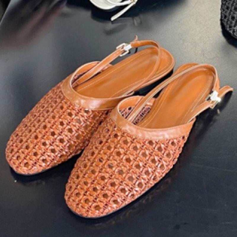 

Fashion Retro Mesh Woven Women Sandals Fashion Round Toe Back Strap Buckle Flat Sandals Comfortable Breathable Non-slip Beach Sandals 43 коричневый