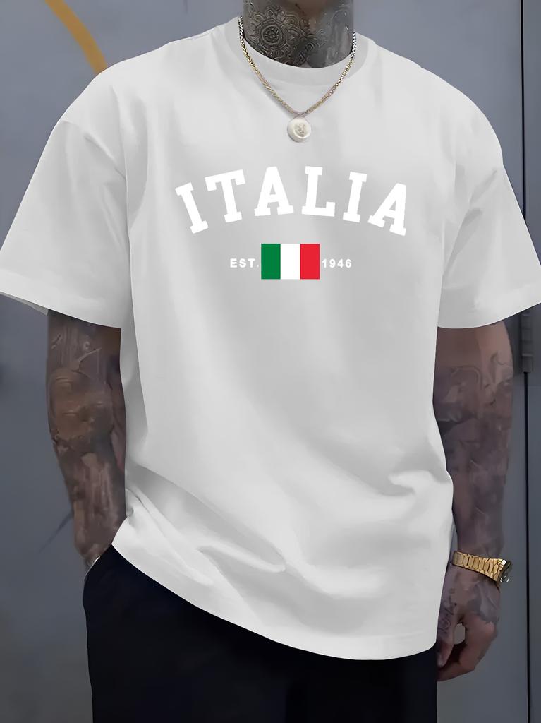 Unisex O Neck Tee Italia Italy Flag Est 1946 Letter Print Cotton Short Sleeve Loose Summer Breathable Daily Casual Basic Wear Top