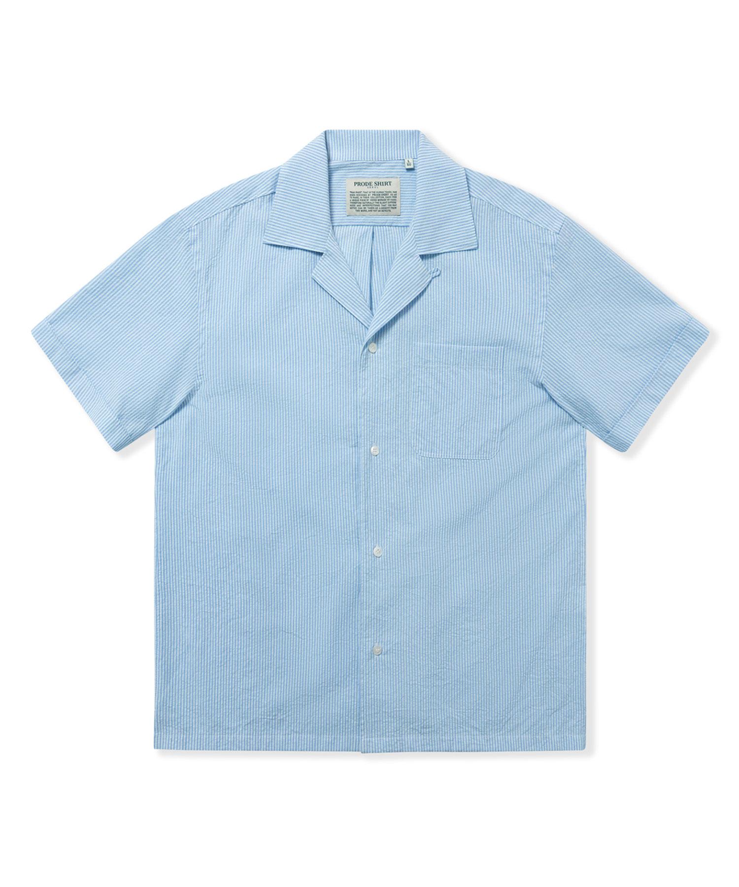 Prod Shirt [Comfort] Cuban Open Collar Capri Camp Shirt (Blue Stripe) Blue Stripe/M(48)