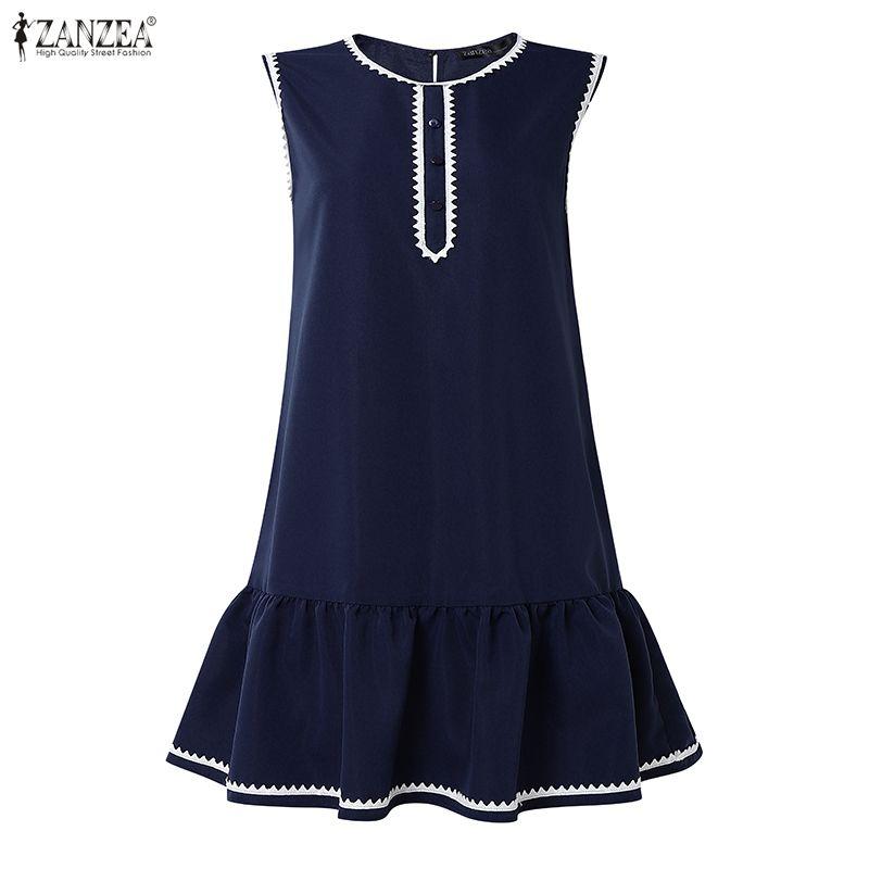ZANZEA Women Casual Round Neck Loose Sleeveless Dress