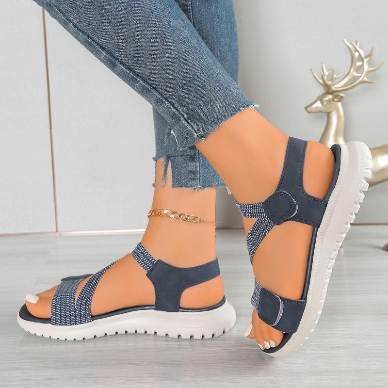 New sandals women's large size sewing line flat bottom round head Velcro women's sandals