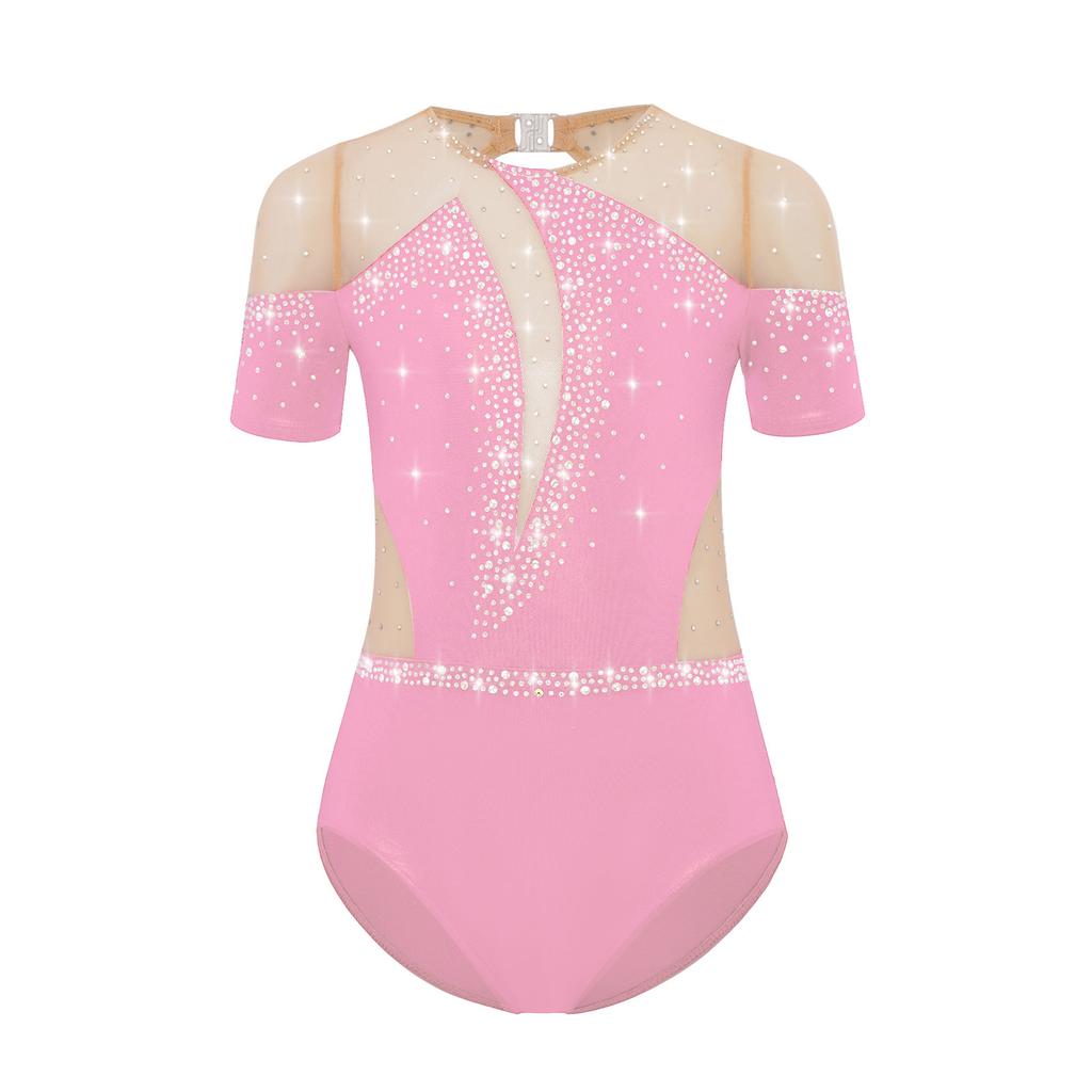 Girls Figure Skating Bodysuit Short Sleeve Cutout Back Sheer Mesh Patchwork Shiny Rhinestones Metallic Dancewear
