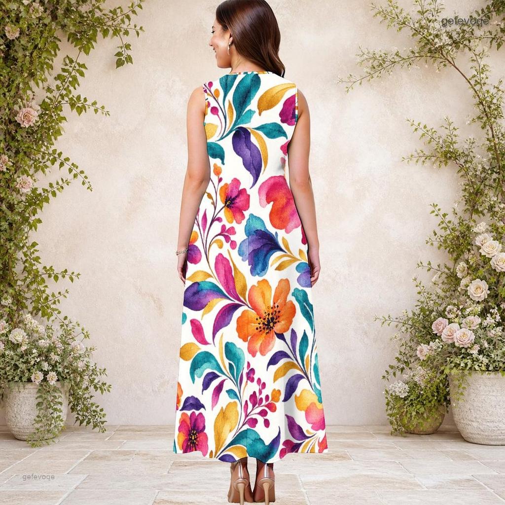 Women Plus Size Keyhole Neck Sleeveless Floral Print A Line White Long Dress