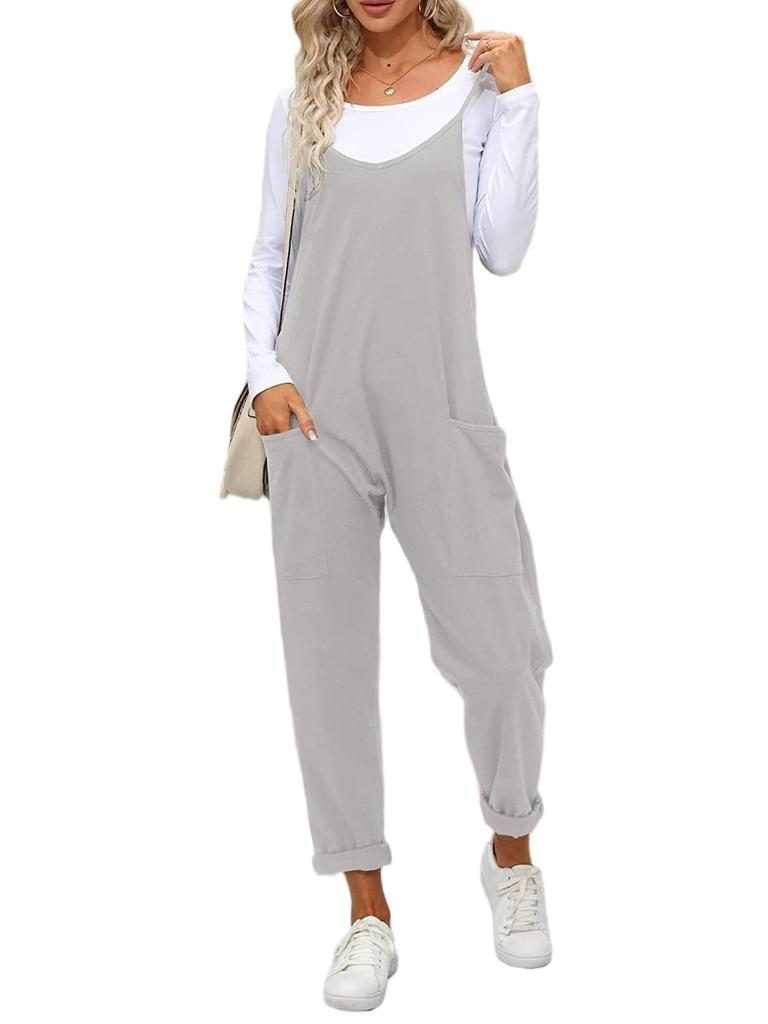 Tuta da donna con spalline sottili, senza maniche, larga, pantaloni lunghi, salopette con tasche