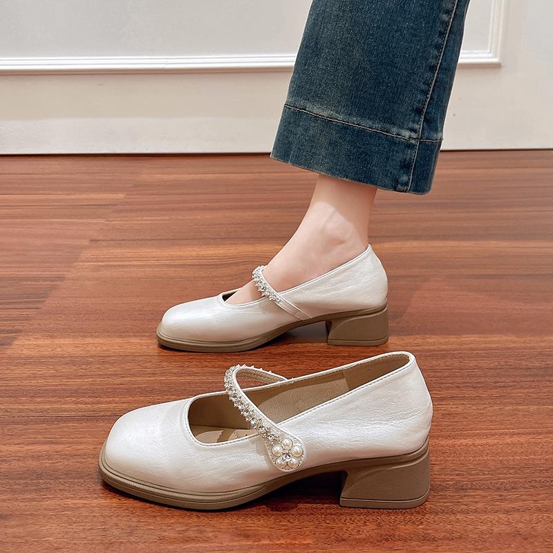 Fashion Square Heel Single Shoes Women's Autumn New Square Toe Shallow Mouth Crystal Strip Non-slip Block Heel Shoes