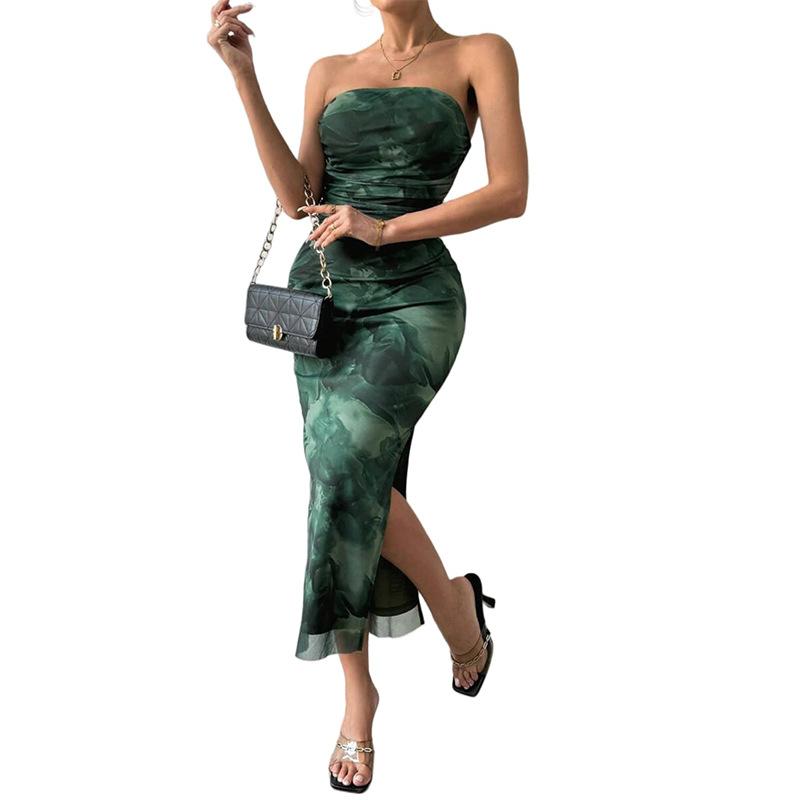 Spring and Autumn Women's Clothing Mesh Floral Pleats Sexy Tight Split Strapless Tube Top Dress